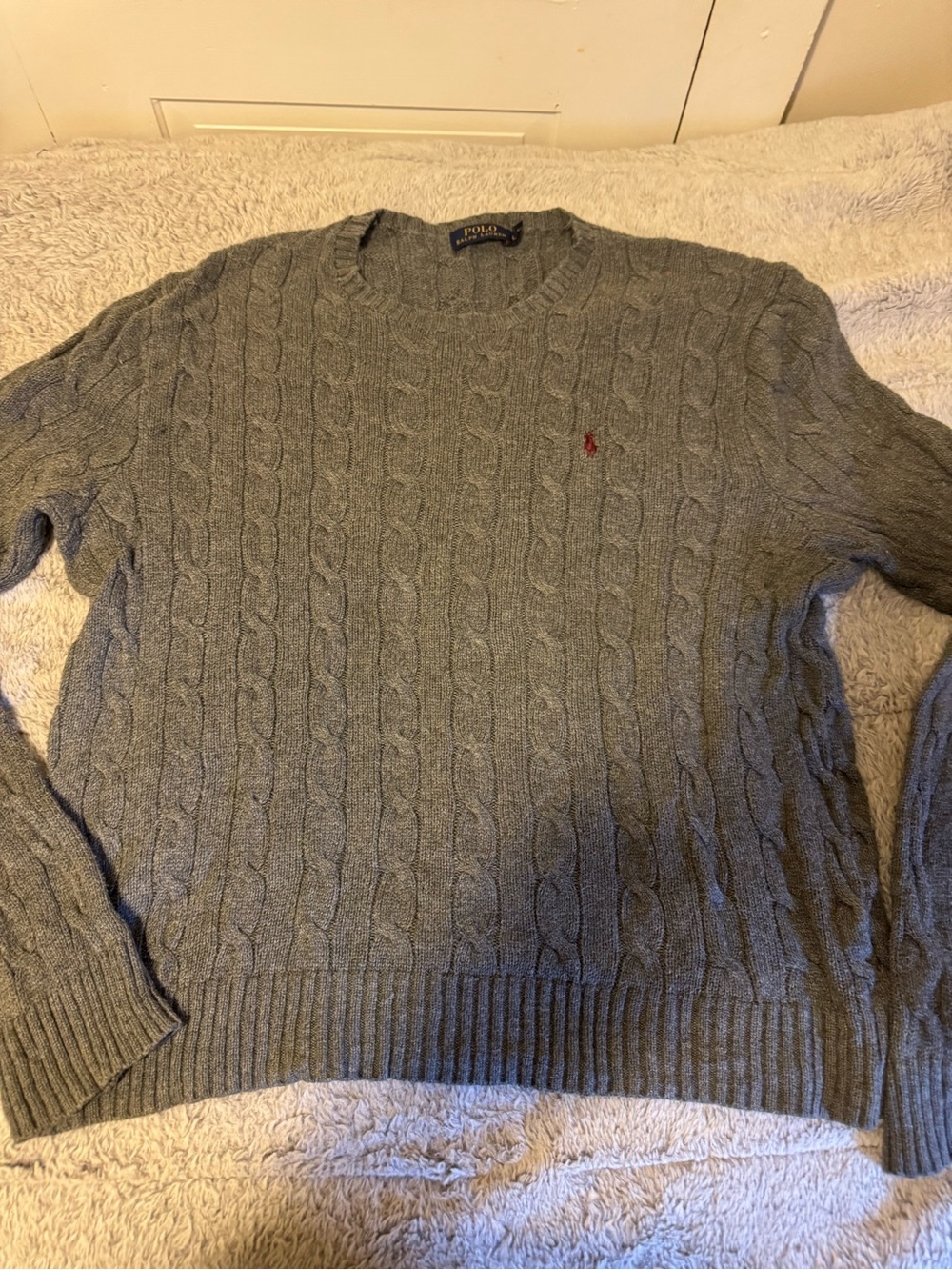 Ralph Lauren Gray Cable-Knit Crewneck Sweater with Red Polo Logo